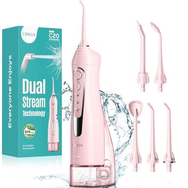 COSLUS Water Dental Flosser Teeth Pick C20: Portable Cordless Oral Irrigator 300ML Rechargeable Travel Irrigation Cleaner IPX7 Waterproof Electric Flossing Machine for Teeth Cleaning, Pink