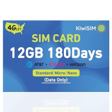 KiwiSIM USA Data SIM Card 12GB 180 Days, 4G LTE SIM Card Support for AT&T, T-Mobile and Verizon, Nano Card for Unlocked Cellular Security Cameras/Router/Hotspot WiFi/Trail Camera (Activate Needed)
