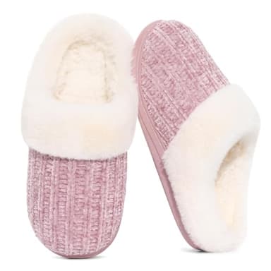 Evshine Women's Warm Chenille Knit House Slippers Comfy Memory Foam Winter Slippers with Faux Fur Collar and Indoor Outdoor Soles Pink, 40-41 (Size 8-8.5)
