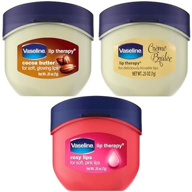Vaseline Lip Therapy Variety 3-Pack – Crème Brûlée, Rosy Lips, Cocoa Butter Mini Lip Balms for Soft, Glowing, and Deliciously Kissable Lips, 0.25 Oz Ea