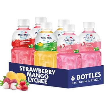 Mogu Mogu Variety Pack Juice Drink with Nata de Coco (Coconut Jelly) – Lychee, Strawberry & Mango, Chewy Fruit Beverage for Kids & Adults, 6 Pack Bottles, 10.82 fl oz Each