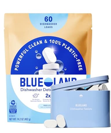 BLUELAND 100% Plastic-Free Dishwasher Detergent Tablets, Starter Set, 60 Count with tin, Free & Clear, Eco-Friendly Dishwashing Pods, Natural, USDA Certified biobased