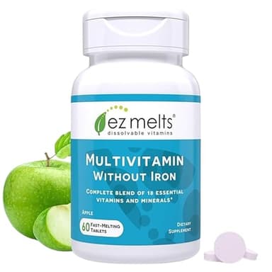 EZ Melts Multivitamin Without Iron - Daily Supplement with 18 Vitamins & Minerals - Contains Vitamin C, Folate, Biotin & More - Non-GMO & Vegan - Apple - 60 Dissolvable Tablets (30 Servings)