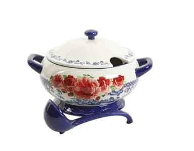Pioneer Woman Frontier Rose Cobalt Ceramic 3.17-Quart Soup Tureen with Ladle