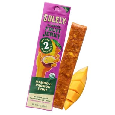 SOLELY - Organic Mango Passion Fruit Jerky - 1 Individually Wrapped Strip - Fruit Leather Made from Dried Fruit - Healthy Snacks for Adults & Kids - Non GMO, Vegan Snacks - 0.8oz (23g)