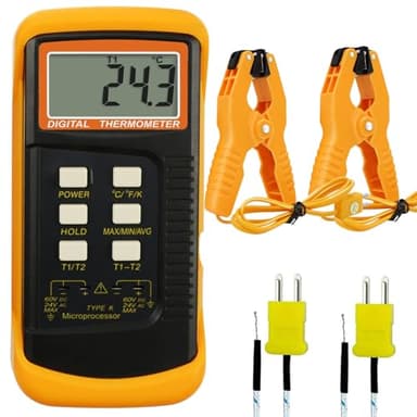 K Type Thermocouple Thermometer Dual Channels Thermocouple Tester (-58~2372°F) High Accuracy Temperature Kelvin Scale Meter with 2X Temperature Clamp & 2X Pipe Thermocouple Probes