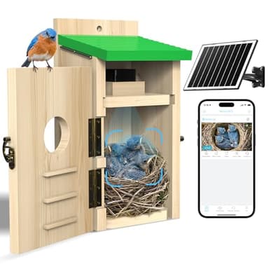 LuminiCam Bird House with Camera Solar Powered, Wi-Fi,Motion Detection & Night Vision,Pine Wood Birdhouse with Camera Inside,Ideal for Backyard & Nature Lovers(Light Green)