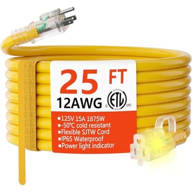 HUANCHAIN 12 Gauge Heavy Duty Outdoor Extension Cord 25 ft Waterproof with Lighted end, Flexible Cold-Resistant 3 Prong Electric Cord Outside, 15Amp 1875W 12AWG SJTW, Yellow, ETL