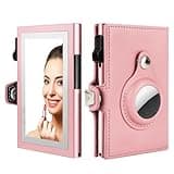 TOYFID Women Wallet for Airtag, Small Pretty Wallet with Mirror for Women,Pop Up Wallet Compatible with Airtag, Tri-fold Genuine Leather Wallet Women with Mirror