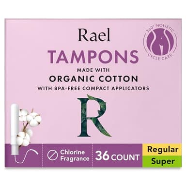 Rael Tampons, Compact Applicator Tampon Made with Organic Cotton, Multipack, Regular and Super Absorbency, BPA-Free, Chlorine-Free, Leak Locker Technology (36 Count, Bundle)