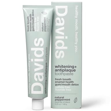 Davids Fluoride Free Toothpaste, Teeth Whitening, Antiplaque, SLS (Sulfate) Free, Promotes Enamel Health, Mouth & Gum Detox, EWG Verified, Peppermint, 5.25oz