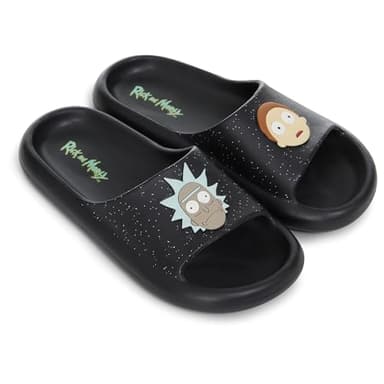 RICK AND MORTY Mens Comfort Slides - Officially licensed Cushion Slides - Rick Sanchez and Morty Smith (Black, 13/14)