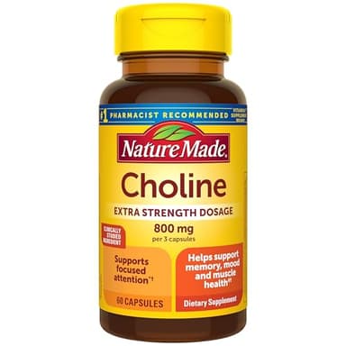 Nature Made Extra Strength Dosage Choline Supplements 800 Mg Per 3 Capsules, Brain Health, Mood, Muscle & Liver Support, Vegetarian, 60 Capsules, 20 Day Supply