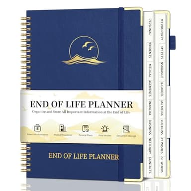 End of Life Planner, Estate Planning Organizer with Tabs for Senior, Spiral Funeral Planning Book with Large Font, Gold Corner Guards & Inner Pocket for Will Preparation, 7.36" x 10.4", Blue