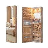 HNEBC LED Mirror Jewelry Cabinet,47.2" Wall Mounted Jewelry Organizer with Full-Length Mirror,Over The Door Hanging Jewelry Armoire Storage Cabinet,Folding Dresser,2 Drawers,Lockable, 3 Shelves(Wood)