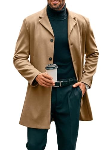 PASLTER Mens Mid Long Trench Coat Slim Fit Winter Pea Coat Single Breasted Business Overcoat