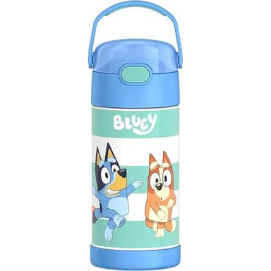 THERMOS FUNTAINER Water Bottle with Straw - 12 Ounce - Kids Stainless Steel Vacuum Insulated Water Bottle with Lid, Bluey
