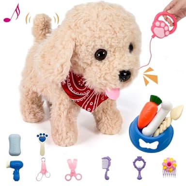 GOBRILLFUN Interactive Walking Plush Puppy Toy Dog, Remote Control Electronic Robot Dog Realistic Wagging Tail, Rich Grooming Set, Gift Toy for Girls & Boys, Kids Age 3, 4, 5, 6 (Accessories Updated)