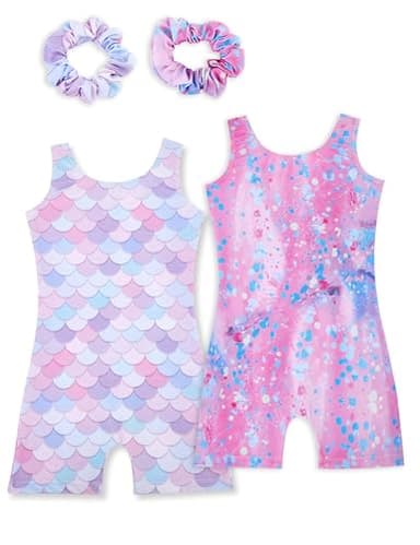 Tstiti Gymnastics Leotards for Girls 2 Pack Sparkly Kids Biketards Dance Unitards Matching Hair Scrunchies Mermaid Spots 4-5 T