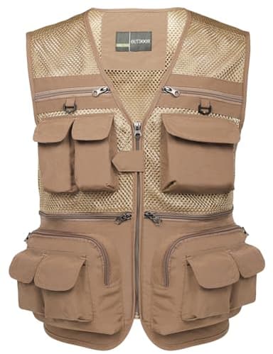 Flygo Men's Fishing Vest Utility Lightweight Outdoor Travel Safari Photo Cargo Vest with 16 pockets mesh Khaki M
