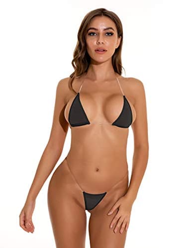 Oneheekini Women Sexy See Through Mini Micro Bra Sheer Bikini G String Bottom Set Black