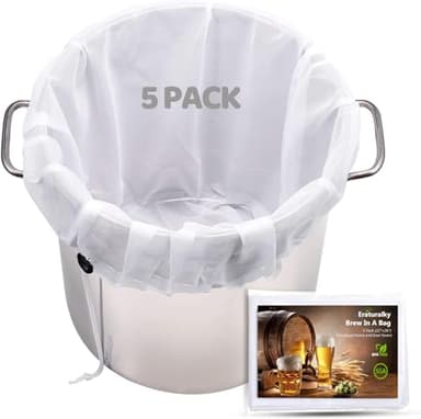 5 Pack Brew Bags Reusable, Extra Large 26"x22" Fine Mesh Strainer Bag for Home Brewing Hops Grains Wine Beer Making Drawstring Straining Brew in a Bag