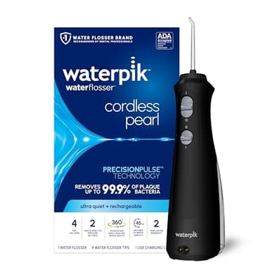 Waterpik Cordless Pearl Rechargeable Portable Water Flosser for Teeth, Gums, Braces Care and Travel, Extra Quiet, 4 Flossing Tips - ADA Accepted, WF-13 Black, Amazon Exclusive