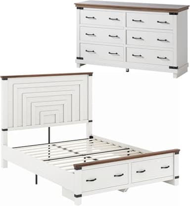 AMERLIFE 2 Pieces Farmhouse Bedroom Set, Rustic Wooden Queen Bed Frame with 54" Tall Headboard & 6 Drawers Dresser Chest, Heavy Duty Thick Plank Design, Antique White