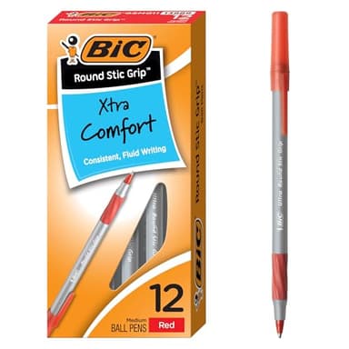BIC Round Stic Grip Xtra Comfort Red Ballpoint Pens, Medium Point (1.2mm), 12-Count Pack, Excellent Writing Pens With Soft Grip for Superb Comfort and Control