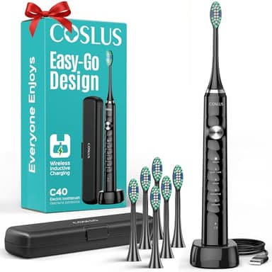 COSLUS Sonic Electric Toothbrush for Adults C40(DY-108Pro): 47000 VPM for Deep Cleaning with Travel Case - 5 Modes for Sensitive Teeth & Brace, Wireless Charging, 6 Brush Heads for Family, Black (1PC)