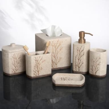 Decozen Bathroom Accessories 6Pcs Set, Soap Dispenser, Toothbrush Holders, Tumbler, Soap Dish & Cotton Swab Jar – Modern Bathroom Decor, Modern Farmhouse Decor, Countertop Accessories, Beige Brown