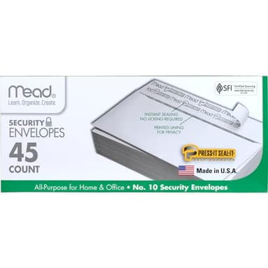 Mead #10 Security Business Envelopes Letter Size 4-1/8" x 9-1/2" – Peel and Seal, Privacy Lined, No-Window, Press-It Seal-It Self-Adhesive for Home & Office Mailing, 45 Count (75026)