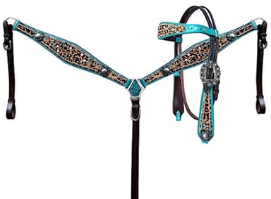 Showman Headstall & Breast Collar Set w/Cheetah Print & Teal Metallic Accent