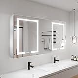ExBrite LED Lighted Bathroom Medicine Cabinet with Mirror, 60 x 30 Inch, led Medicine Cabinet with Extra Closed Storage Cabinet,Defog, Stepless Dimming,Color Temper Change, 2 Outlets,Storage Shelves
