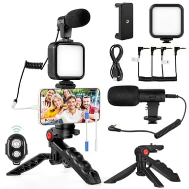 Kalofaye Vlogging Kit for iPhone, Android (with Tripod), with Mini LED Video Light + Cardioid Microphone + Phone Clip + Tripod for Video Calling, Vlogging, YouTube, Instagram, TikTok
