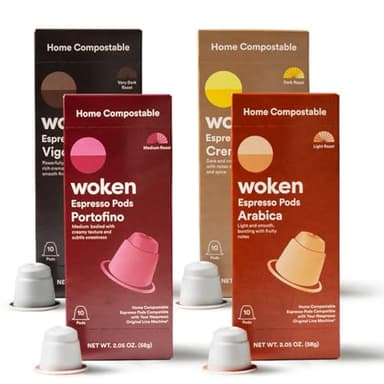 WOKEN COFFEE Compostable Pods | Variety Pack | Roasted in USA | Compatible With Nespresso Original Machines | Rich Aroma, Smooth Taste, Eco-Friendly, Biodegradable Coffee Capsules | 40 Pods (4 Boxes)