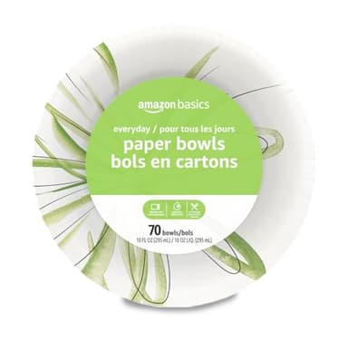 Amazon Basics Everyday Disposable Paper Bowls, 10 oz, Microwave Safe, Soak Proof, White, 70 Count