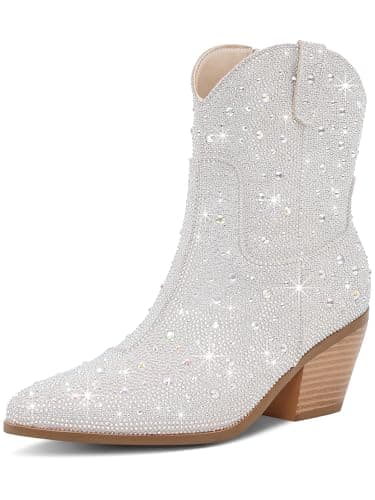 RONILURN Cowgirl Ankle Boots Cowboy Boots for Women Western Booties Rhinestone Chunky Heel Fashion Comfortable Side Zipper