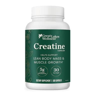 Great Lakes Wellness Creatine Monohydrate Capsules, 180 Count (30 Day Supply), 5000mg Pure Creatine per Serving, Build Lean Muscle, Strength & Recovery, Capsule Alternative to Creatine Powder