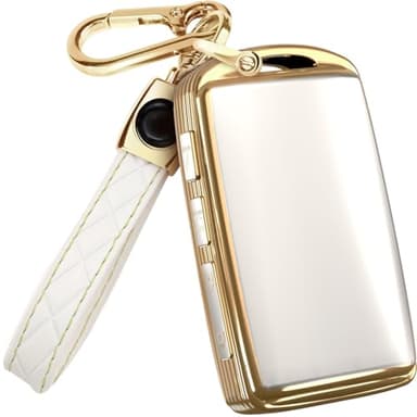 Lucrum for Mazda CX5 Key Fob Cover and Leather Keychain - TPU Key Case for Mazda 3, 6, CX-5, CX-9, CX-30, CX-50, CX-70-2019-2025 Keyfob Cover Compatible with WAZSKE11D0 - White and Gold