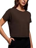 CRZ YOGA Women's Pima Cotton Workout Short Sleeve Shirts Loose Athletic Crop Tops Gym Casual Cropped T-Shirt Hot Fudge Brown Medium