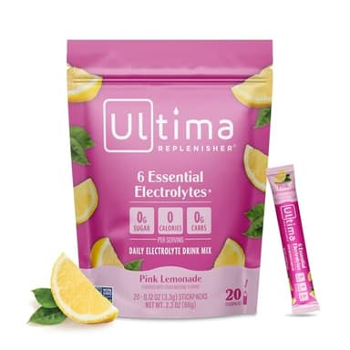 Ultima Replenisher Daily Electrolyte Powder – Pink Lemonade, 20 Stickpacks – Zero Sugar Hydration Packets with 6 Electrolytes and Minerals – Sugar Free, Plant Based & Keto Friendly Drink Mix