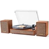 Vinyl Record Player with External Bookshelf Speakers, 33-1/3 45 78 RPM Vintage Bluetooth Stereo Turntable for Vinyl Records,Belt-Driven System,Dust Cover,Auto-Stop, Support AUX-in, RCA Out, Brown Wood