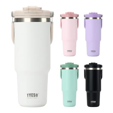 TYESO Tumbler with Flip Straw & Sip Lid, Vacuum Insulated Water Bottle, Double Wall Stainless Steel Coffee Cup Travel Mug Leak Proof (WHITE, 30 OZ)