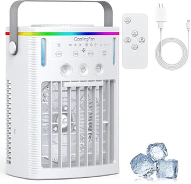Portable Air Conditioners, 1000ml Portable AC Unit with Remote Control, Powerful 3 Speeds 7 Colors LED Evaporative Air Cooler with Timer, Personal Mini Air Conditioner (White)