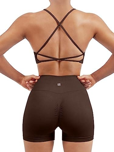 SUUKSESS Women Seamless 2 piece Workout Sets Strappy Padded Sports Bra Booty High Waisted Shorts Outfits (Deep Brown,S)