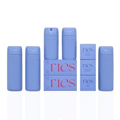 RIES Essential Refillable Toiletry Travel Bottles – Set of 5 (3.4oz & 1.7oz) Airless Pump Containers for Shampoo, Conditioner, Body, Face – Leak-Proof, TSA-Approved, Dishwasher Safe- Runaway Blue