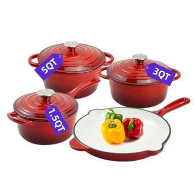DVK Enameled Cast Iron Cookware Set 7 Piece Dutch Ovens Non-Stick, Durable Versatile Cast Iron Cookware for Family Baking Cooking Enthusiasts