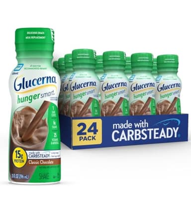 Glucerna Hunger Smart Diabetes Care Shake, Classic Chocolate, Diabetic Meal Replacement to Support Blood Sugar Management, 15g Protein, 180 Calories, Ready to Drink, 10 Fl Oz, 24 Pack