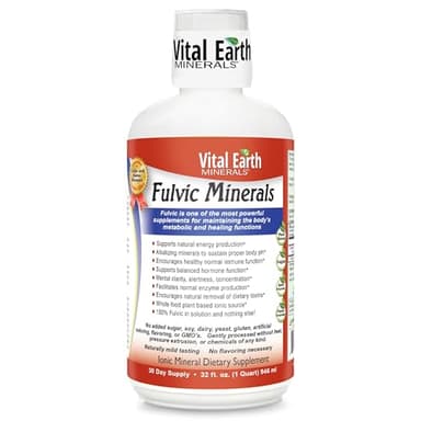 Vital Earth Minerals Fulvic Minerals Liquid – Fulvic Acid Supplement with 70+ Trace Minerals, Electrolytes for Energy & Vitality, 32 Oz + 1 Oz Cup